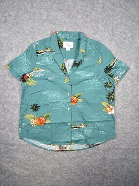 28 Palms Teal Tropical Beach Vacation Hawaiian Button Up Shirt Men Size Large